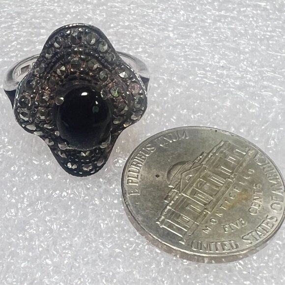 Vtg Black Onyx Marcasite Statement Ring 925 Thailand Silver Size 6.75 Wavy .75" - Picture 11 of 13